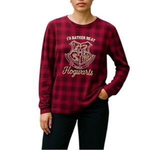 HARRY POTTER NWT I’d Rather Be At Hogwarts Burgundy Plaid Top Long Sleeve Size L